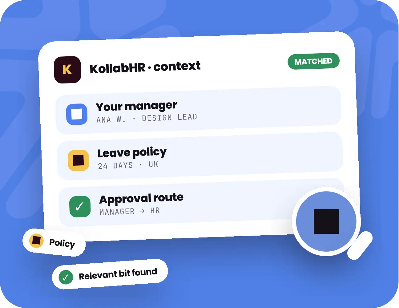 A matched Kolla context card listing your manager (Ana W., design lead), the leave policy (24 days, UK) and the approval route (manager to HR).
